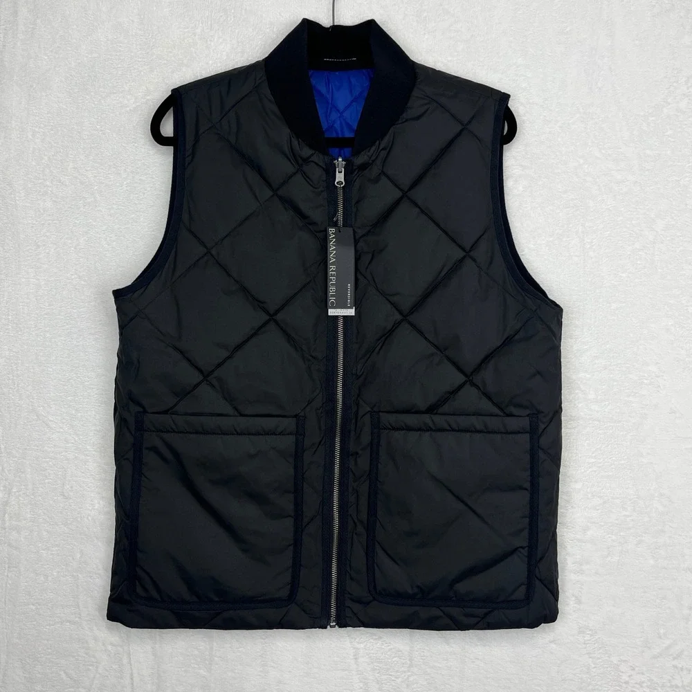 Banana Republic Reversible Quilted Puffer Performance Vest Mens M Black Blue NWT